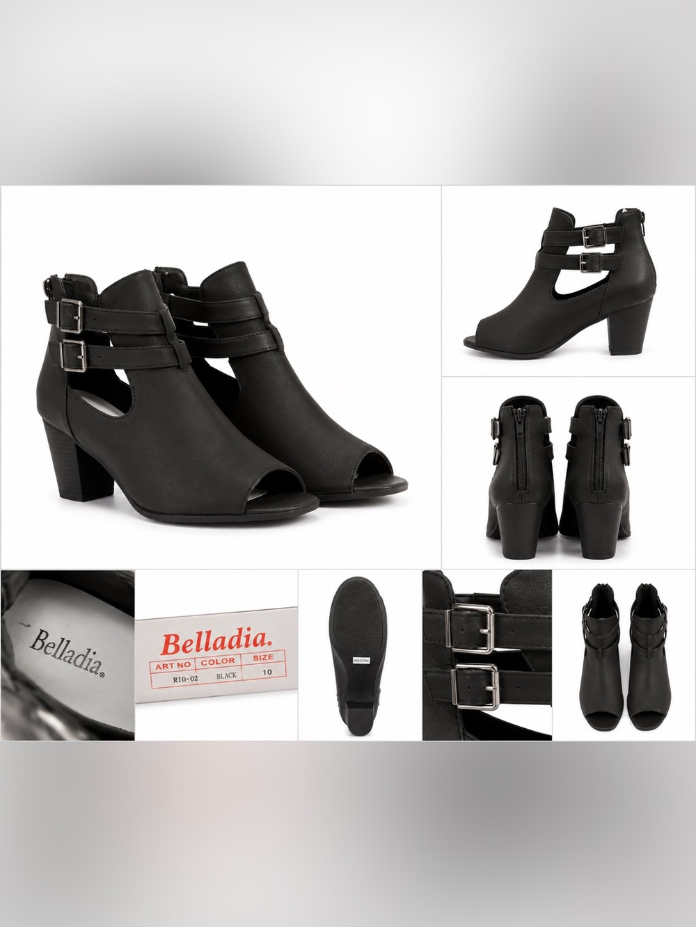 Belladia Black Peep-Toe Ankle Booties with Double Buckle